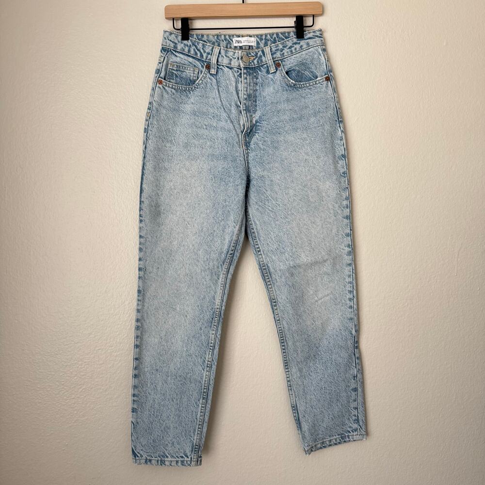Zara Womens Light Wash High-Rise Straight Leg Jean Acid Cotton Blend Size 6 Pant
